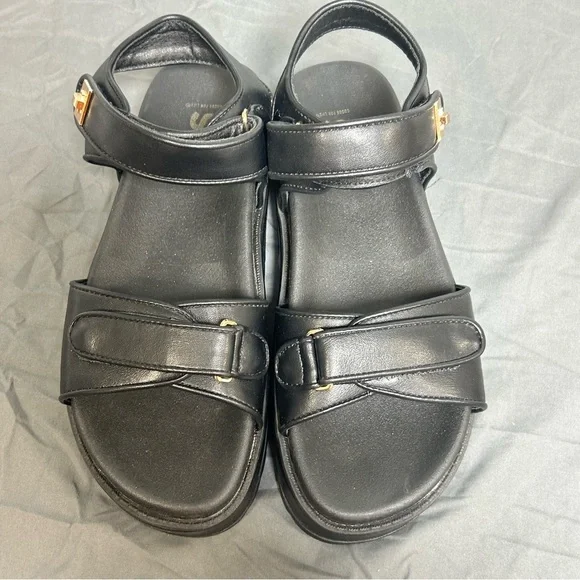 90s Y2K Inspired Chunky Platform Strappy Sandals Black Gold Accent Women's 9 - Picture 2 of 9